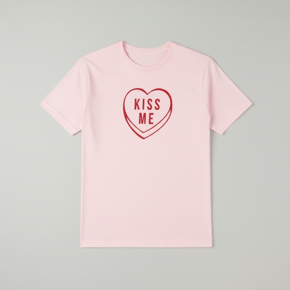 Valentine’s Day Women’s “kiss me” candy Graphic Pink T-shirt nwt